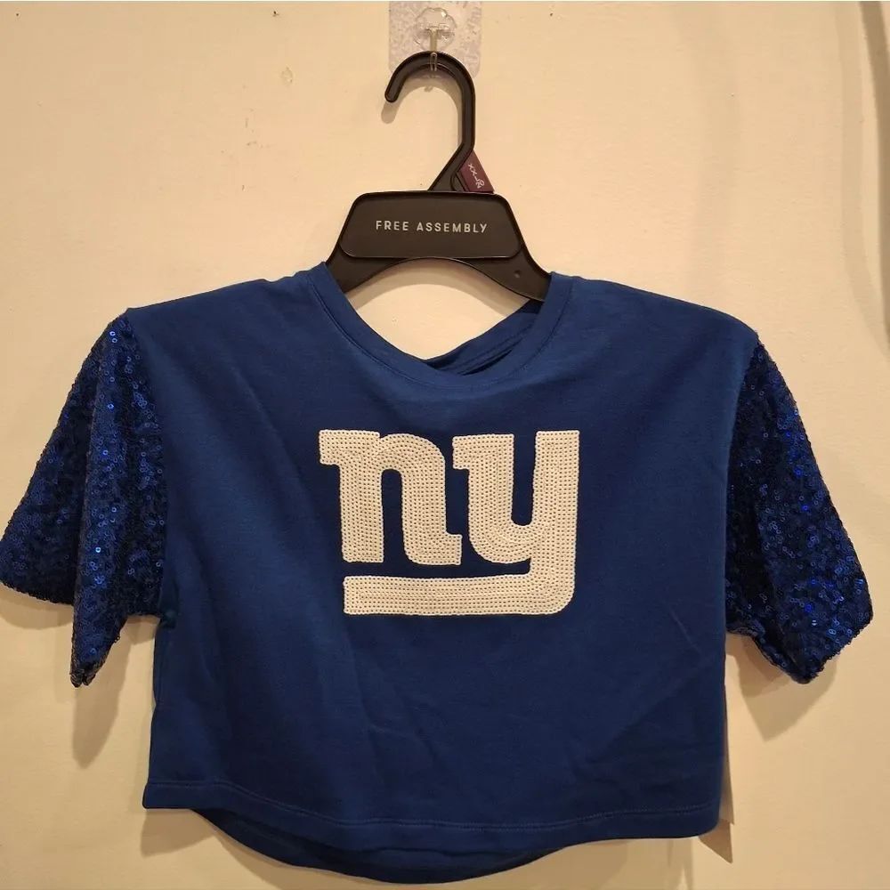 Girls NY Giants Blue & White Sequins Mid Riff Shirt